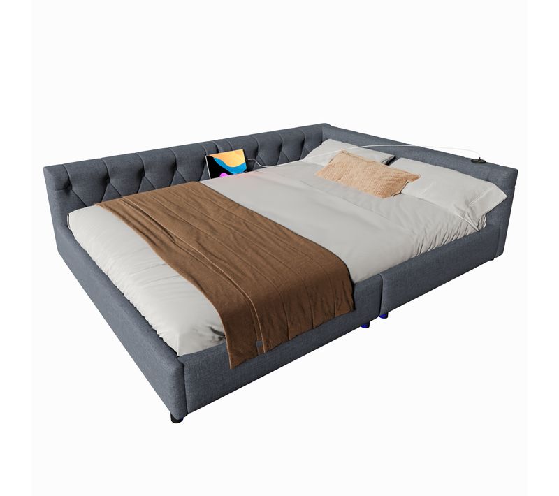 Lit Adulte 140x200 Cm, Canapé-lit, Lit Double Avec USB Type-c, Sommier, Lin+mdf, Gris