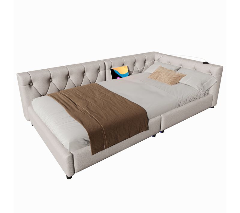 Lit Enfant 90x200 Cm, Canapé-lit, Lit Simple Avec USB Type-c, Sommier, Lin+mdf, Beige