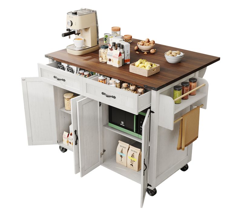 Ilot Central 140x73x92cm, 4 Portes, 2 Tiroirs, 5 Roues,  Plateau Rabattable, Mdf, Blanc+marron