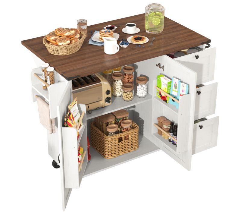 Ilot Central 140x73x92,5cm, 2 Portes, 3 Tiroirs, 5 Roues, Moderne, Plateau Rabattable, Mdf, Beige