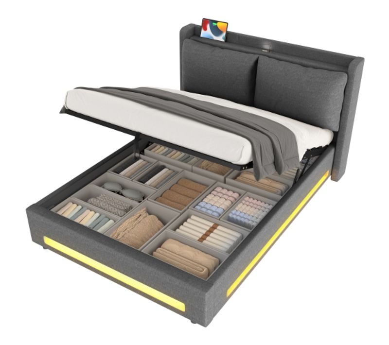 Lit Coffre 140x200 Cm Avec LED, USB, Coussins Amovibles Et Étagères Ouvertes, Lin Gris