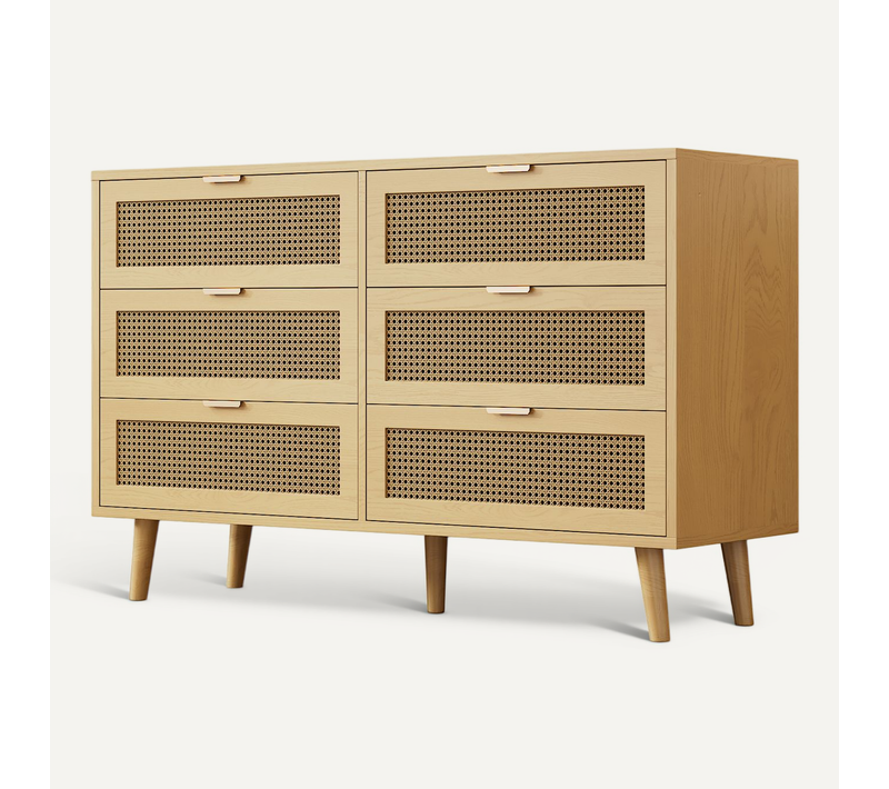 Commode En Rotin Et Bois 120x40x76,5 Cm Avec 6 Tiroirs, Poignées Et Pieds En Métal, Chêne