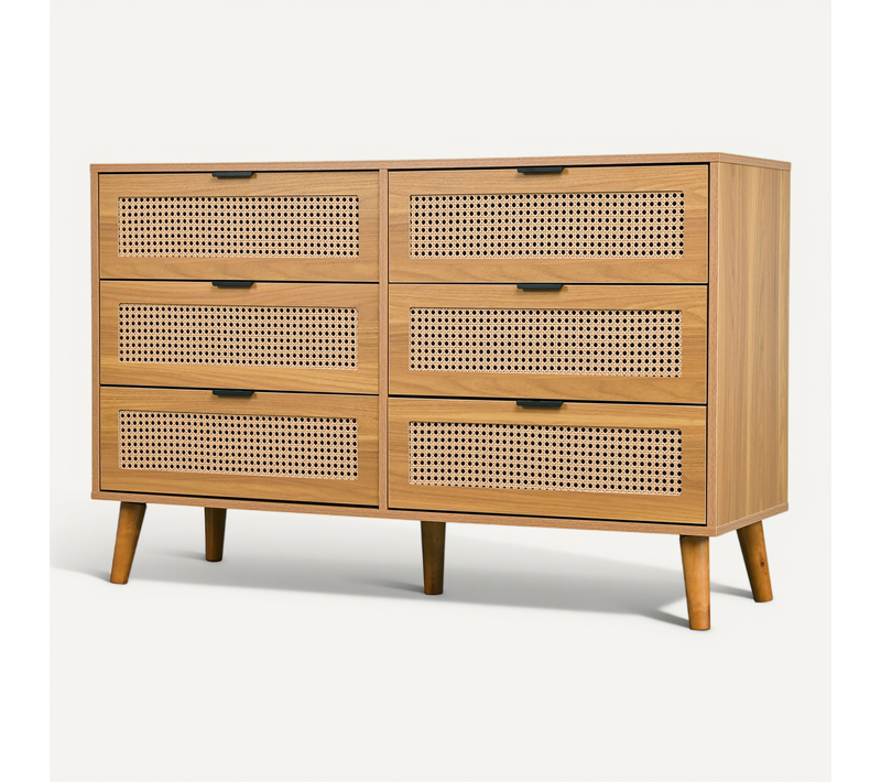 Commode En Rotin Et Bois 120x40x76,5 Cm Avec 6 Tiroirs, Poignées Et Pieds En Métal, Chêne Foncé