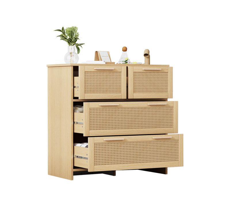 Commode Vintage En Rotin 80x38x80 Cm Avec 4 Tiroirs, Poignées En Bois, Mdf Effet Bois Naturel