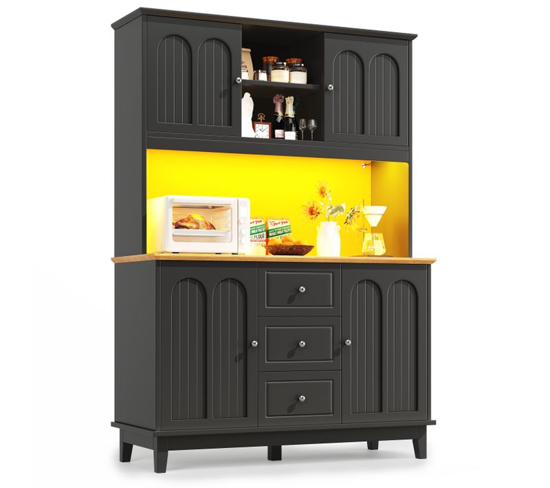 Buffet Cuisine Haut Meuble LED Intelligent 3 Étagères, Mdf Et Métal, Rangement Moderne Et Sécurisé