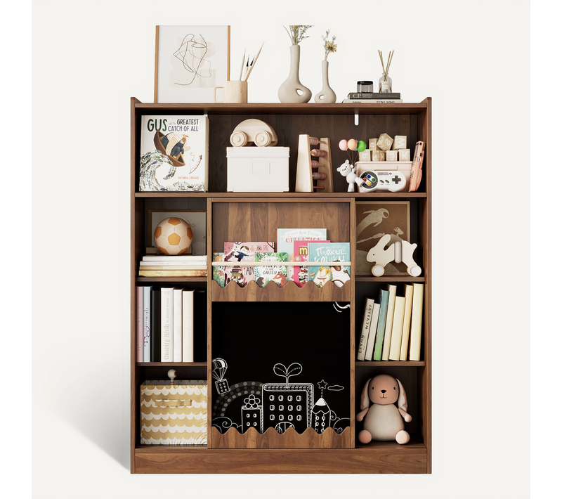 Bibliothèque Bois Enfant 4 Niveaux Avec Tableau Noir Mobile Et 9 Compartiments, Rangements Ouverts