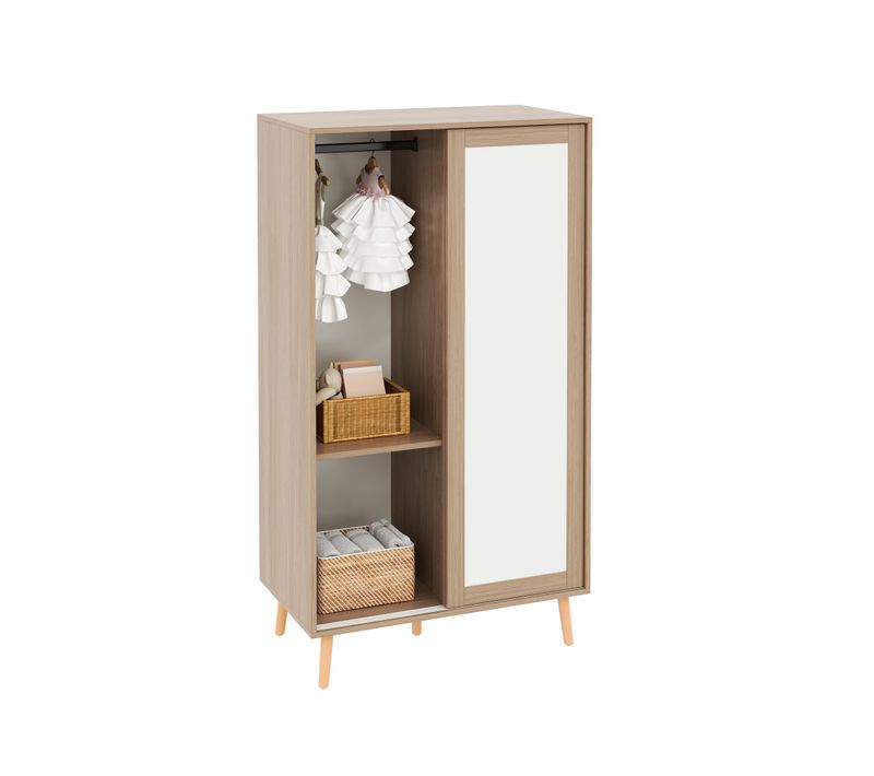 Armoire Enfant 2 Portes Coulissantes Avec Tringle à Vêtements Métallique, Pieds En Bois