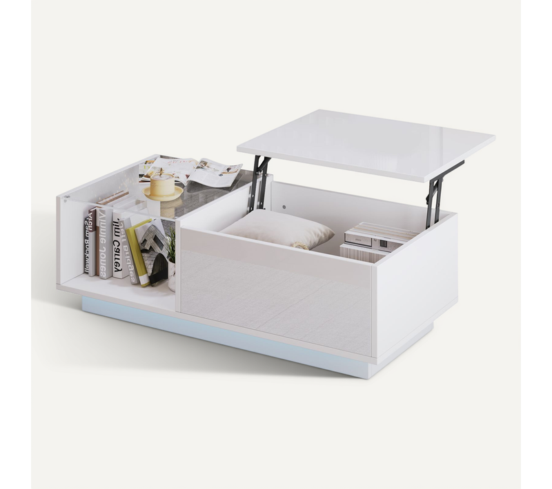 Table Basse 100x50x33cm, LED Intelligent, Plateau Relevable, 2 Compartiment, En Pb Et Verre, Blanc