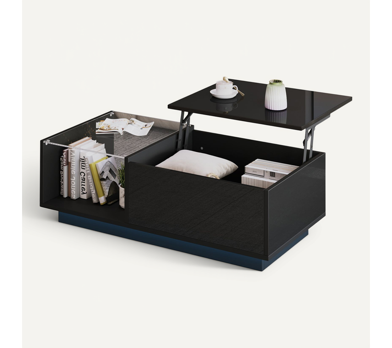 Table Basse 100x50x33cm, LED Intelligent, Plateau Relevable, 2 Compartiments, En Pb Et Verre, Noir