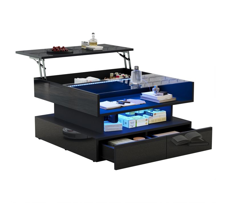 Table Basse Carrée 80x80x45cm, Plateau Relevable, LED, Tiroir, Compartiments, Verre Trempé, Pb, Noir