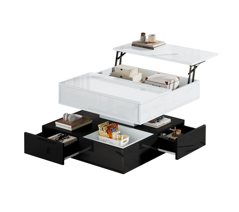 Table Basse Carrée 70x70x40cm, Plateaux Rotatif, Relevable, 3 Tiroir, Compartiments, Pb, Blanc, Noir