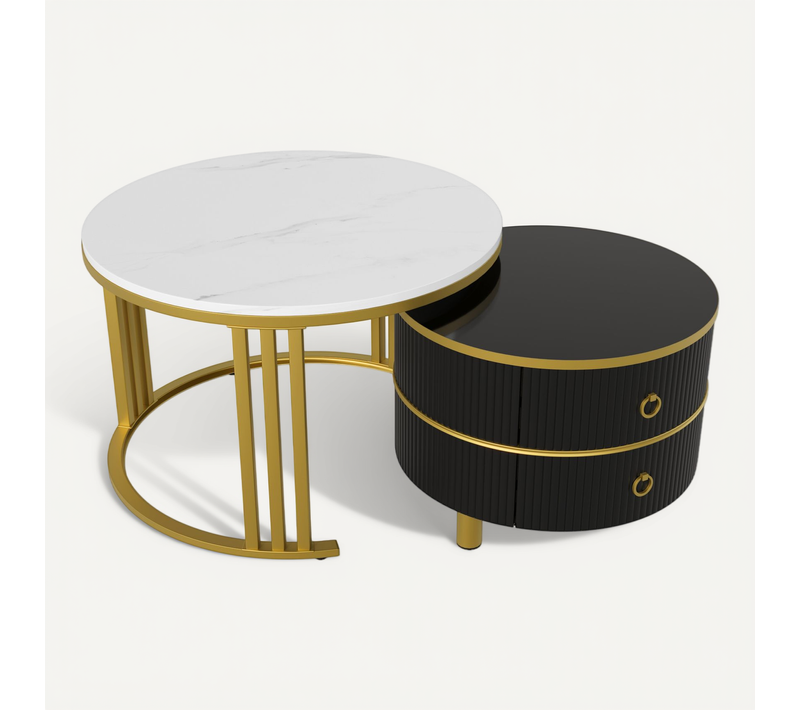 Lot De 2 Tables Basses 70x70x46cm, Motif Marbre, 2 Tiroir, Poignée, Pied Métal, Mdf, Blanc+noir+doré