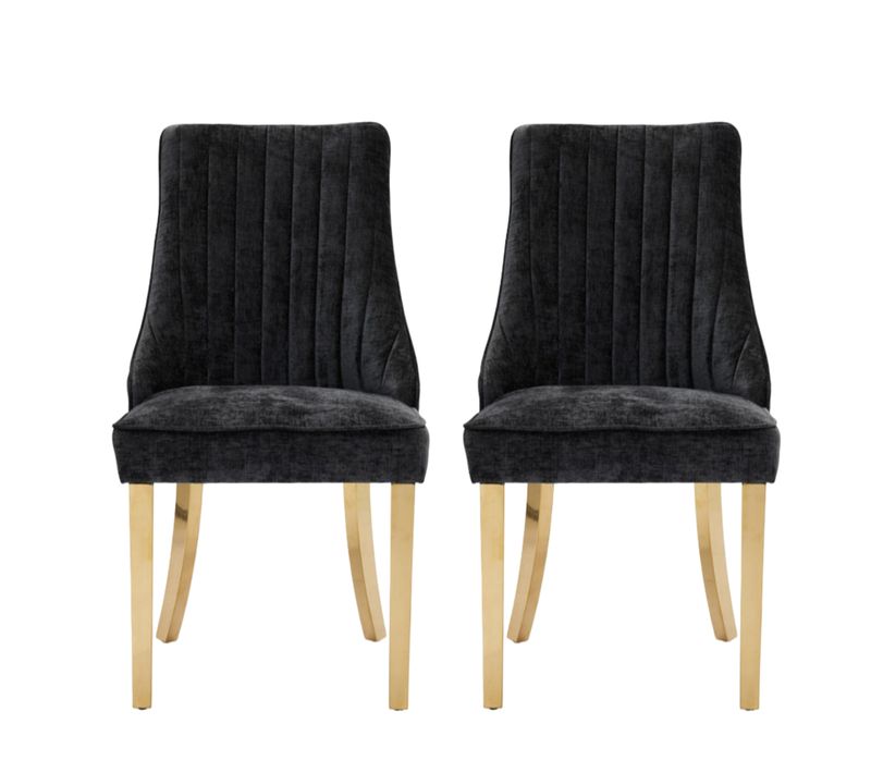 Chaise De Salle à Manger En Chenille 50 X 64 X 95,5 Cm, Lot De 2, Pieds En Métal Doré, Noir