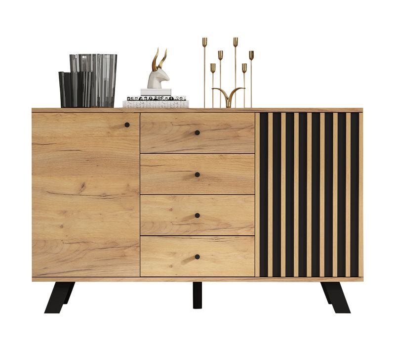 Buffet 120x38x75 Cm, 2 Portes, 4 Tiroirs, 5 Pieds En Bois Massif, Mdf, Couleur Bois