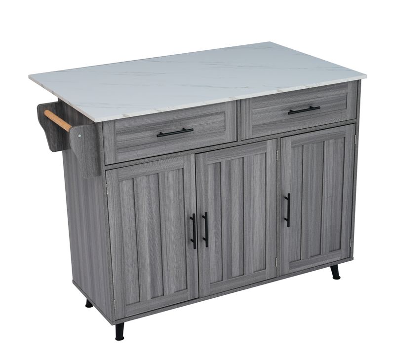 Îlot Centrale 129x46(71)x91,5cm Table Pliante, 2 Tiroirs, Roulettes， Pieds, Mdf, Gris + Blanc