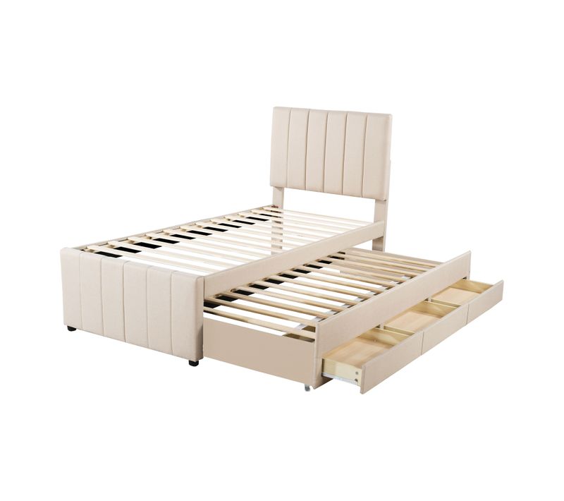 Lit Gigogne Enfant 90x200cm, Lit De Rangement, 3 Tiroirs, Lin+mdf, Couleur Beige