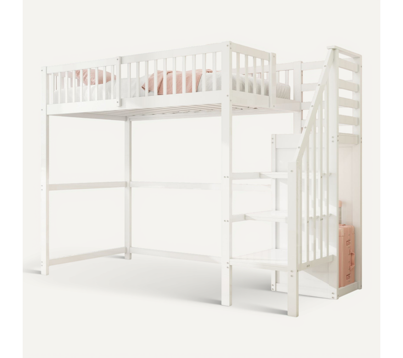 Lit Mezzanine 90x200cm, Lit Simple Avec Échelle, Vestiaire Ouvert, Bois+mdf, Couleur Blanc