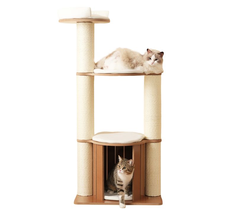 Arbre à Chat H135 Cm Avec Niche, 3 Plateformes, Coussins Lavables Et 2 Poteaux à Griffer