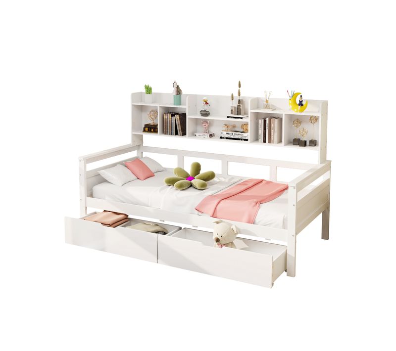 Lit Enfant 90x200cm, Lit Simple, 2 Tiroirs Spacieux, Compartiments Latérales, Mdf, Bois, Blanc