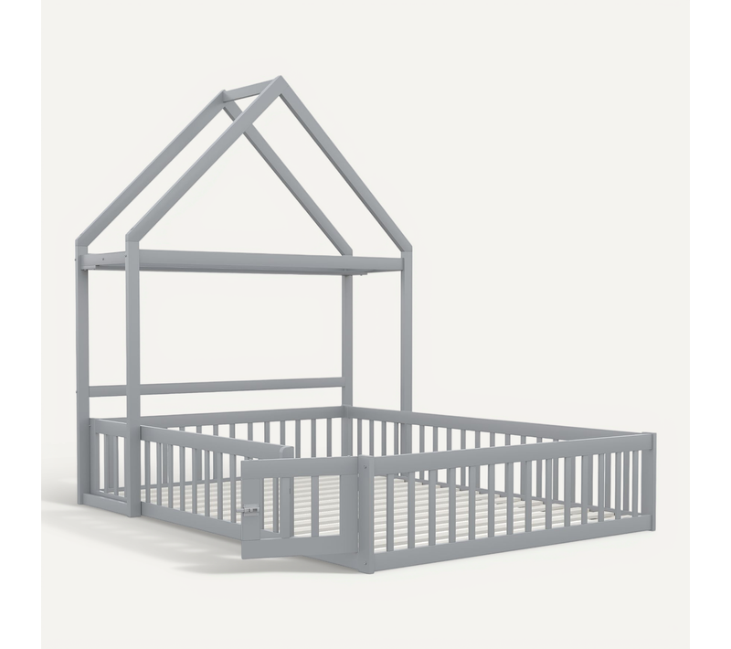 Lit Cabane 140x200cm, Lit Double, Forme Toit, Étagère, Tringle à Vêtement, Sommier, Bois, Mdf, Gris