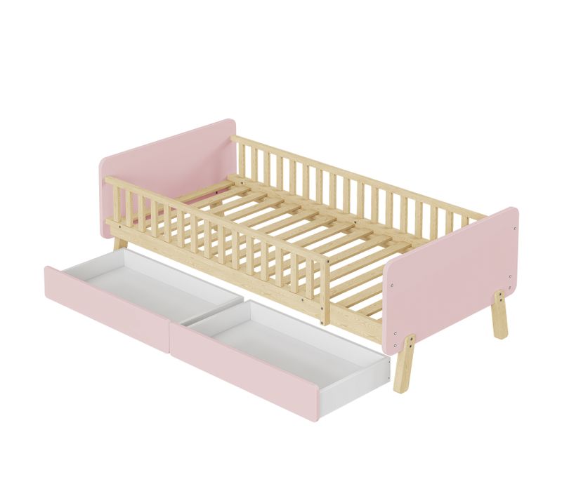 Lit Enfant 90x190cm, Lit Simple, 2 Tiroirs Spacieux, Sommier, Barrière, Tête De Lit, Mdf, Bois, Rose