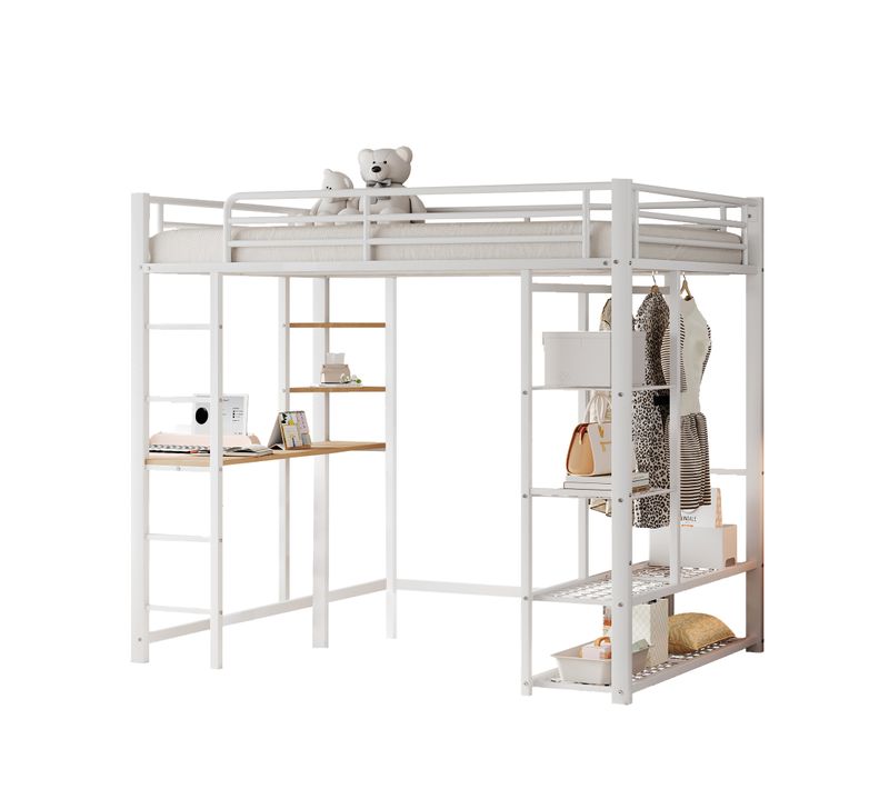 Lit Mezzanine 140x200cm, Lit Double, Bureau, Tringle, Échelle, Étagères, Mdf, Métal, Blanc