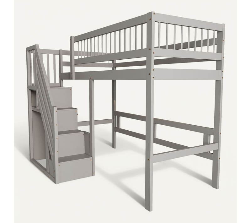Lit Mezzanine 90x200cm, Lit Simple, Échelle à 4 Niveaux, Rangements Spacieux, Mdf, Bois, Gris