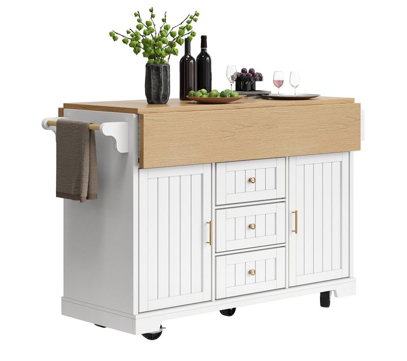 Desserte Sur Roulettes, Îlot De Cuisine Blanc Avec Plan Rabattable Et Rangements Multiples