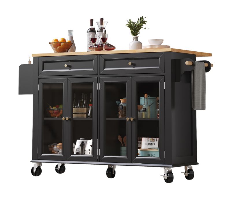 Desserte De Cuisine Noire, Îlot Noir Avec Roulettes, 4 Portes Vitrées, 2 Tiroirs Et Grand Rangement