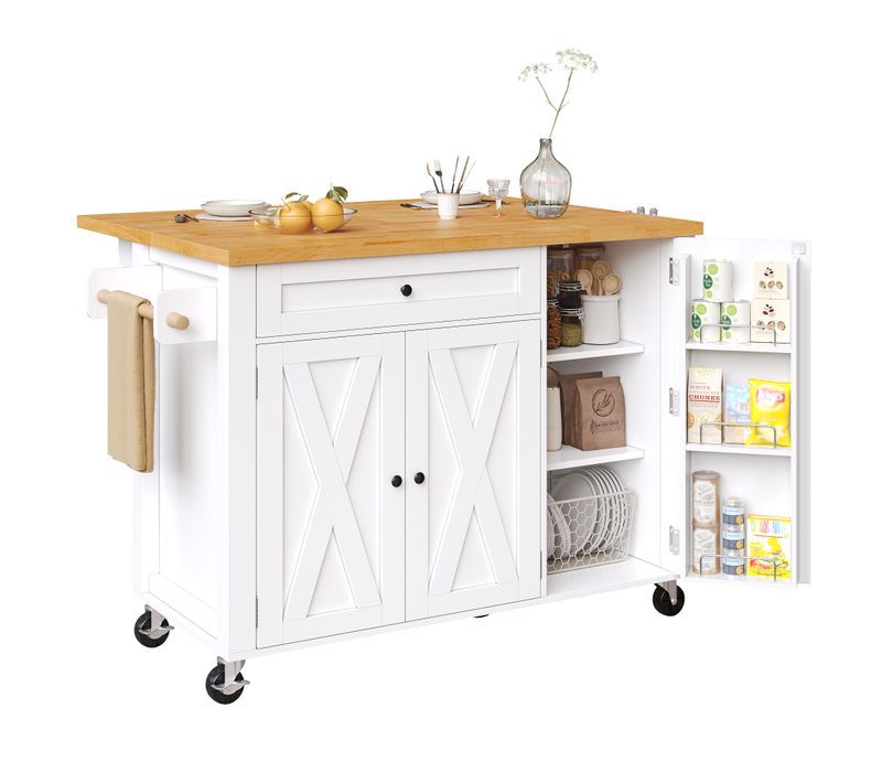 Desserte De Cuisine, Îlot De Cuisine Blanc Avec Rangements, Table Pliante, Tiroir Et Roulettes