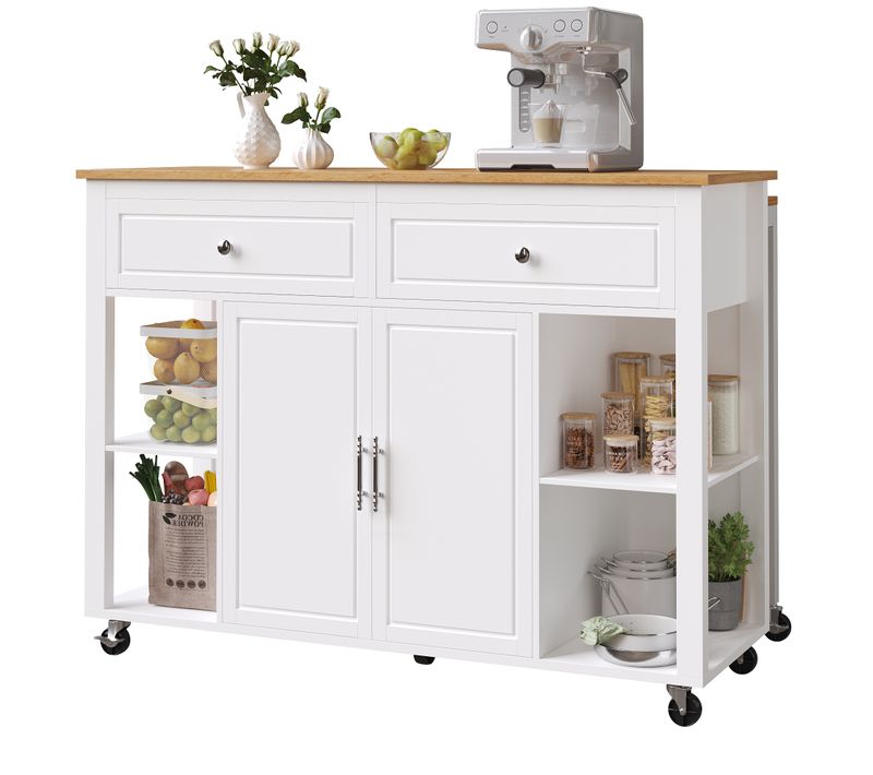 Desserte De Cuisine Blanche Mobile, Plateau Extensible, 7 Roulettes, 2 Tiroirs, 2 Portes, Rangement