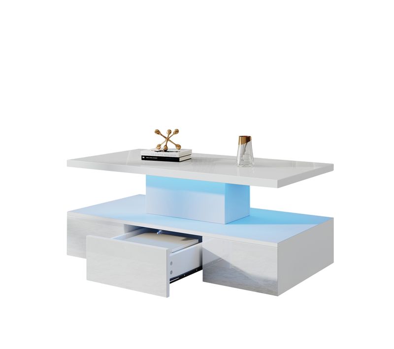 Table Basse Blanche Rectangulaire 100x50x39 Cm Avec LED, Tiroir Et Rangement Ouvert