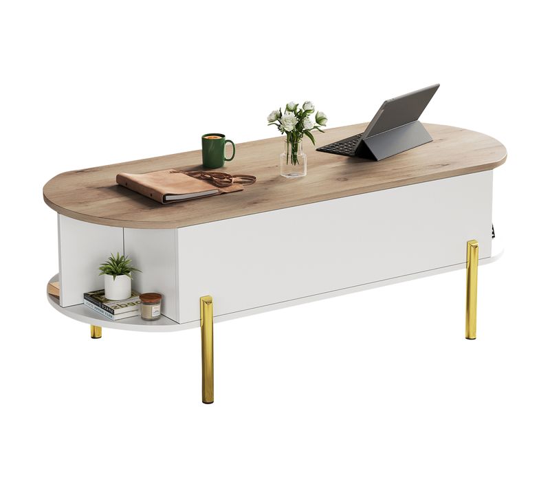 Table Basse Ovale Relevable L.120cm Blanche Avec Plateau Bois Naturel, Rangements Fermés Et Ouverts
