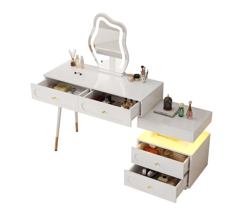 Coiffeuse Blanche Avec LED, 4 Tiroirs Et Espace De Rangement Modulable 140x40x130 Cm
