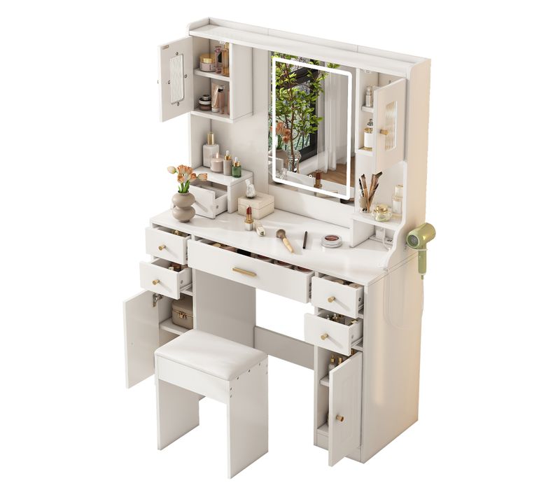 Coiffeuse Blanche 105 Cm Avec Miroir Hd, LED Réglables, 6 Tiroirs Et 4 Portes, Grand Rangement