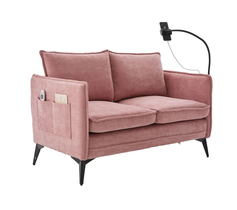 Canapé Moderne 2 Places - Chenille Rose, Accoudoirs, Pochette, Support Téléphone