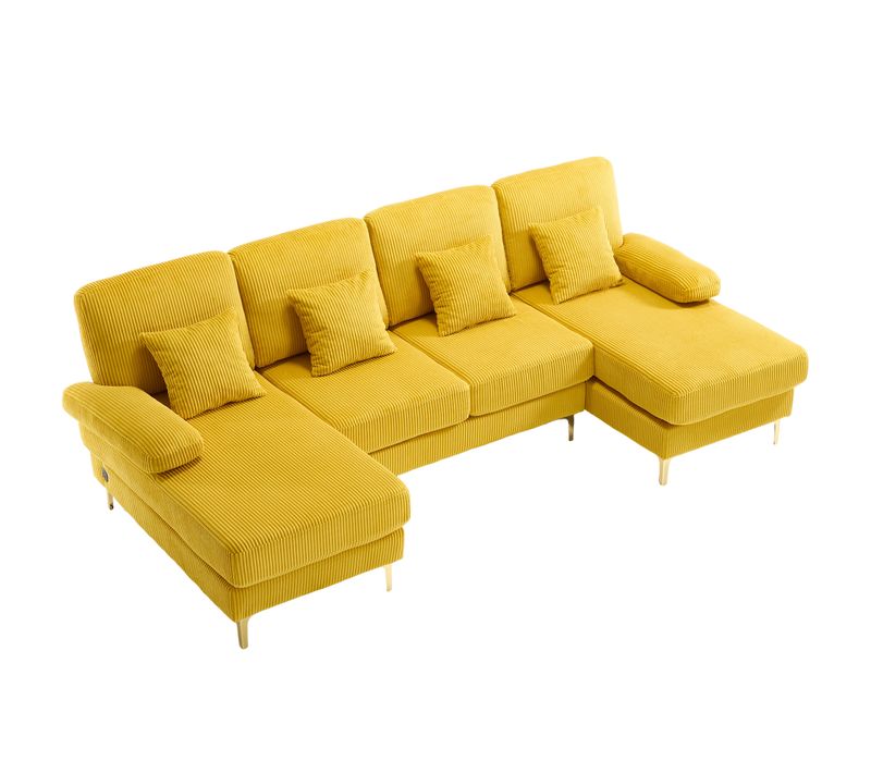 Canapé D'angle 4 Places - LED - USB-c - Style Moderne - 4 Coussins - Velours - Jaune