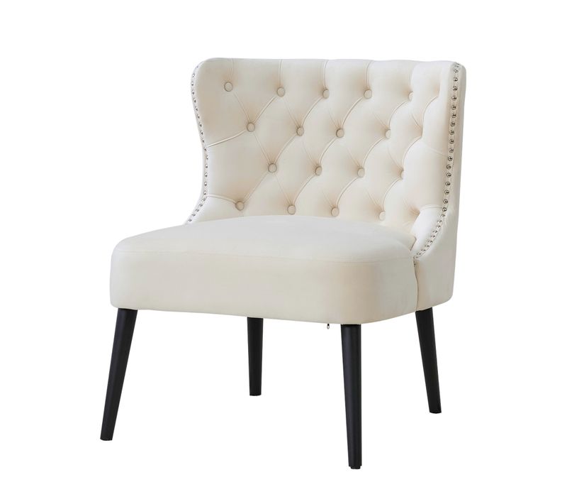 Fauteuil Décoratif - Dossier Ajustable - Coussin Confortable - Velours - Pieds Bois - Beige