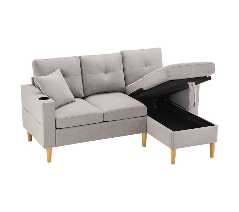 Canapé D'angle 3 Places  - Rangement - 2 Coussins - Coton-lin - Gris Clair