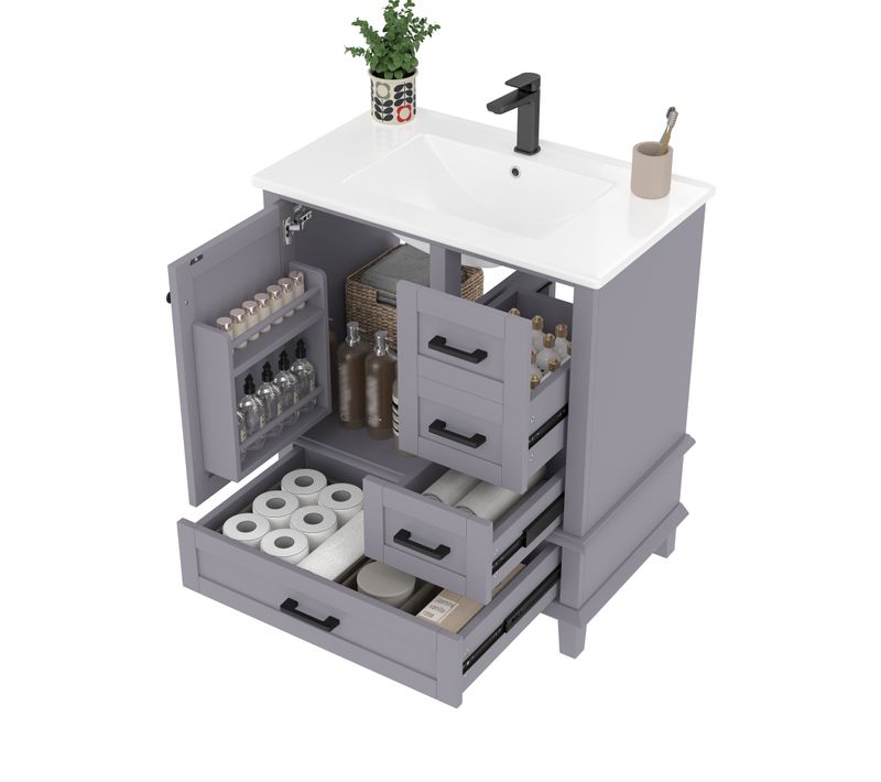 Meuble De Salle De Bain 3 Portes 1 Tiroir Silencieux Avec Lavabo Encastré, Mdf Et Pin Laqué, Gris