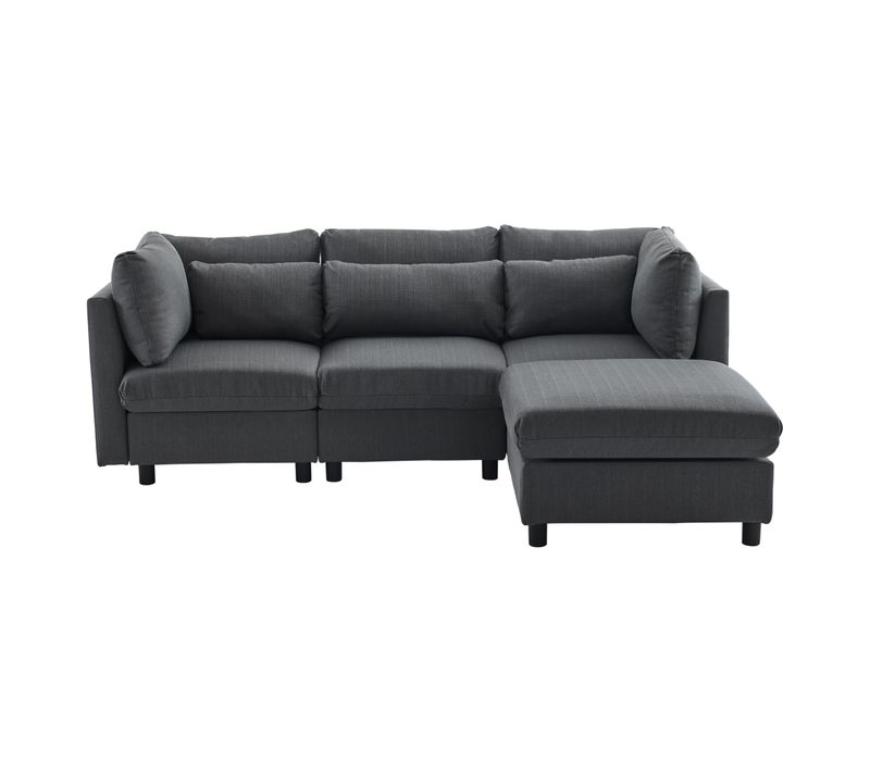 Canapé D'angle L 4 Places - Pouf - Méridienne - Coussins - Modulable - Lin - Gris