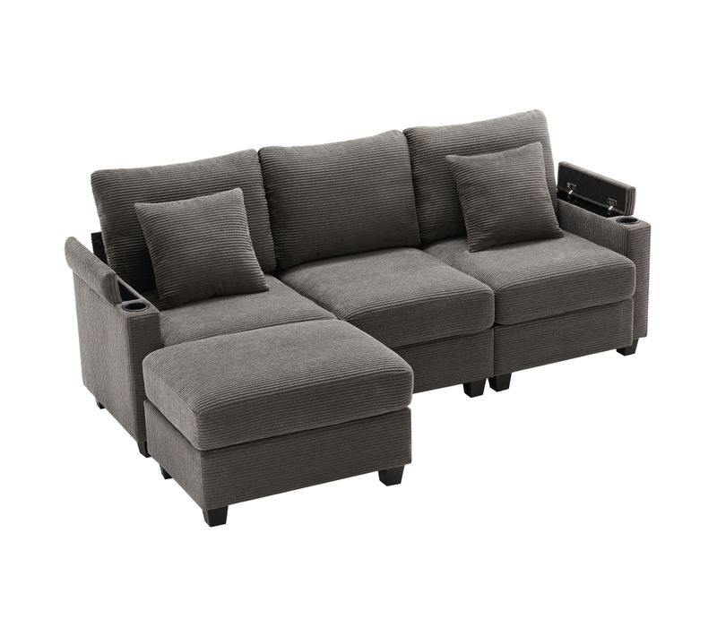 Canapé L 3 Places - Méridienne - Pouf - Port USB - Velours Côtelé - Gris