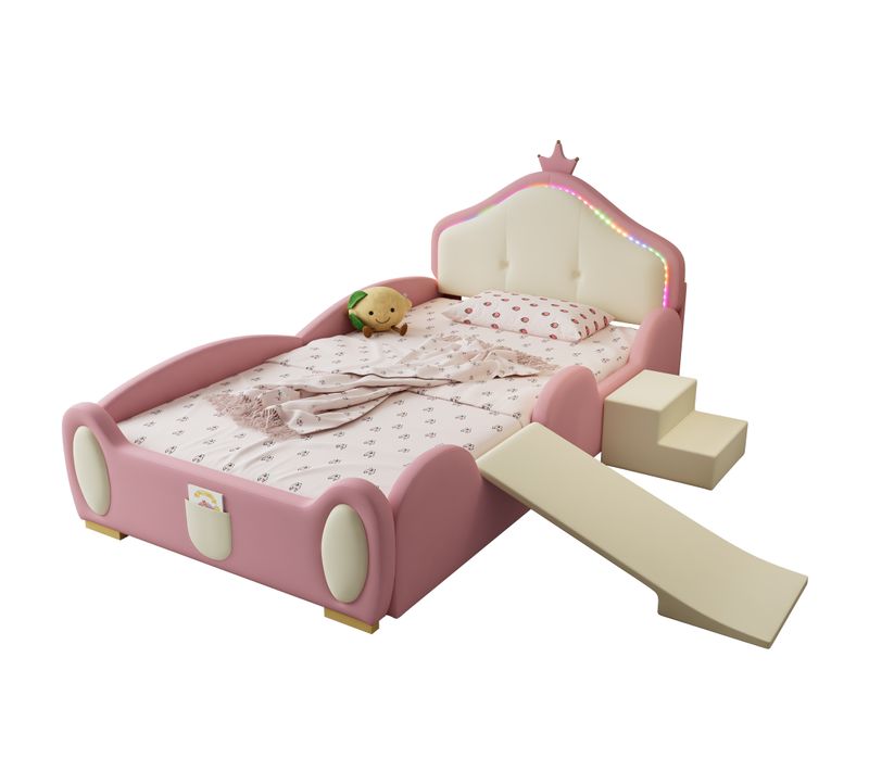Lit Enfant 90x200 Cm, LED, Forme De Couronne, Petit Toboggan Et Escalier, Sommier, Pu, Rose+beige
