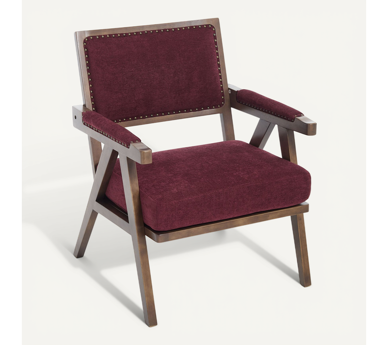Fauteuil Vintage 66.5x66x88 Cm, Structure En Bois, Coussin D'assise Épais, Lin Bordeaux