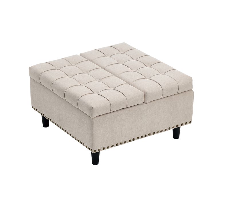 Banc Coffre 75x75x41 Cm, Coussin D'assise S'ouvrant Des 2 Côtés, Tissu En Lin Beige