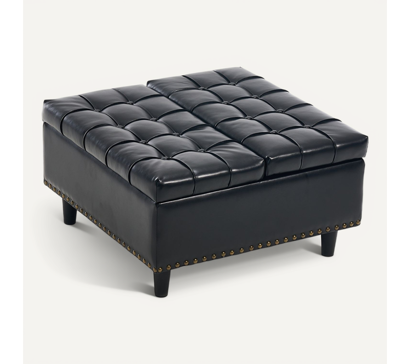 Banc Coffre 75x75x41 Cm, Coussin D'assise S'ouvrant Des 2 Côtés, Tissu En Pu Noir