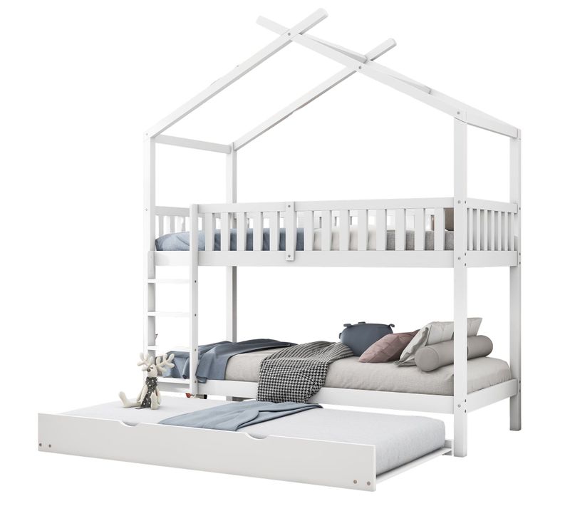 Lit Superposé Lit Gigogne 90x200 Cm Avec Échelle Et Barrière De Sécurité, Bois Blanc