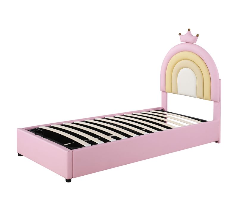 Lit Enfant Lit Offre 90x200 Cm, Tête De Lit Réglable En Forme De Couronne, Pu Rose