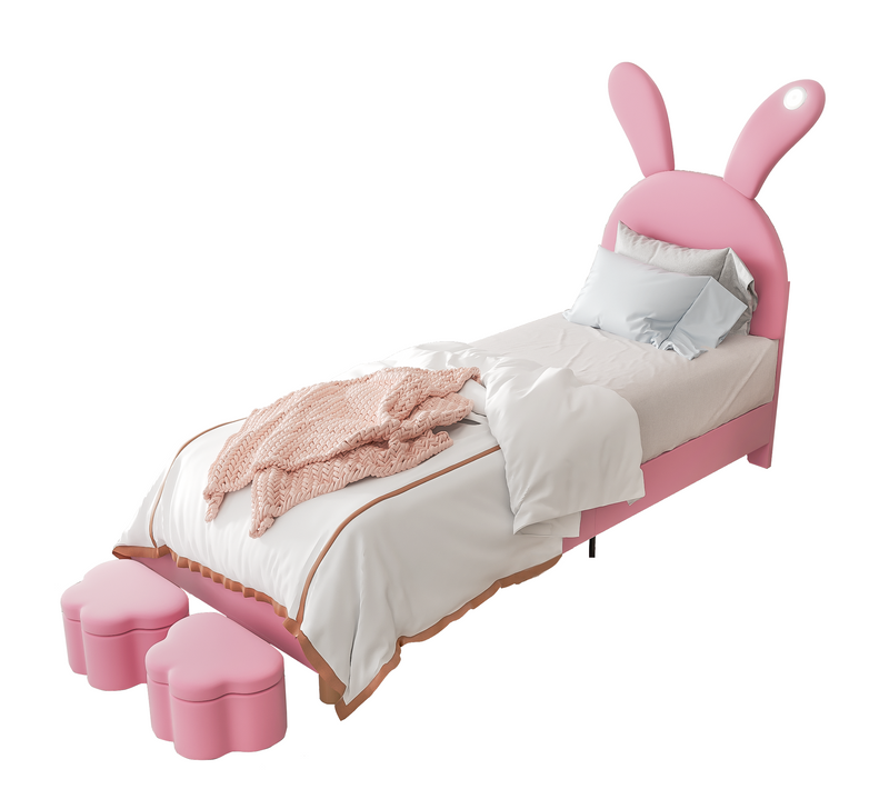 Lit Enfant 90x200 Cm Avec 2 Banc Coffre, Tête De Lit LED En Forme D'oreilles De Lapin, Rose Velours
