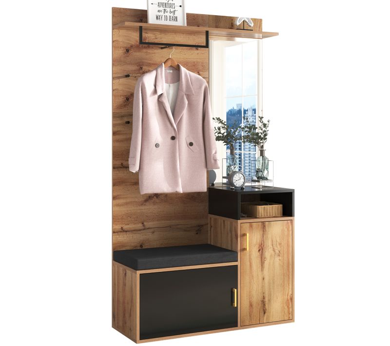 Meuble D'entrée 4 Patères, 1 Miroir, 1 Meuble à Chaussures, 1 Porte-manteau Et 1 Banc, Mdf Noir